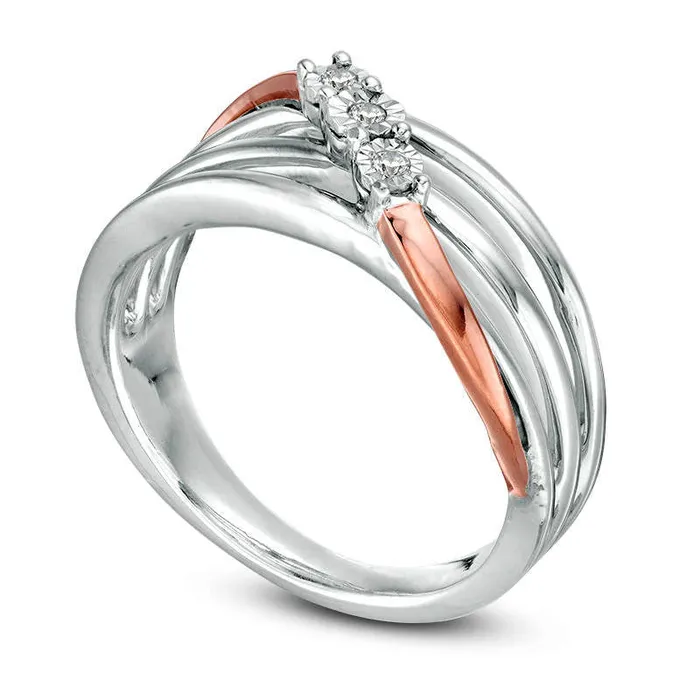 Goldia Natural Diamond Accent Three Stone Wave Crossover Open MultiRow Ring in Sterling Silver and Solid 10K Rose Gold Rings Goldia Natural Diamond Accent Three Stone Wave Crossover Open MultiRow Ring in Sterling Silver and Solid 10K Rose Gold Rings