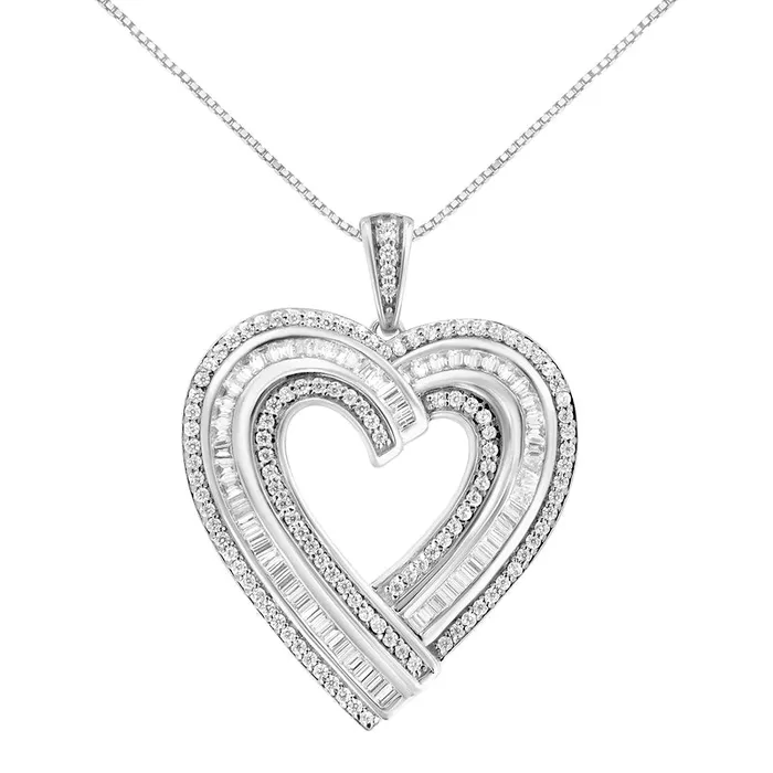 Goldia Necklaces 138 CT TW Baguette and Round Natural Diamond Heart Pendant in Sterling Silver Goldia Necklaces 138 CT TW Baguette and Round Natural Diamond Heart Pendant in Sterling Silver