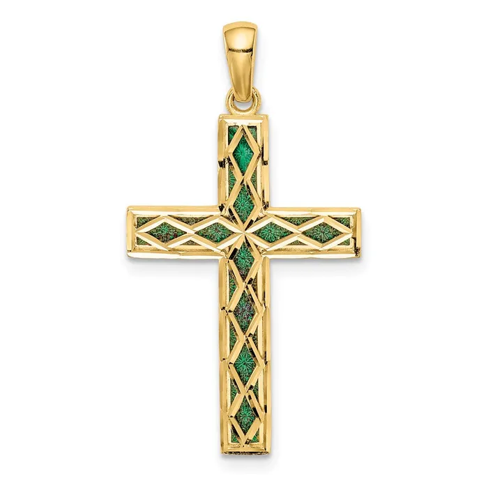 Goldia Necklaces 14k Yellow Gold Green Enamel Reversible Cross Pendant