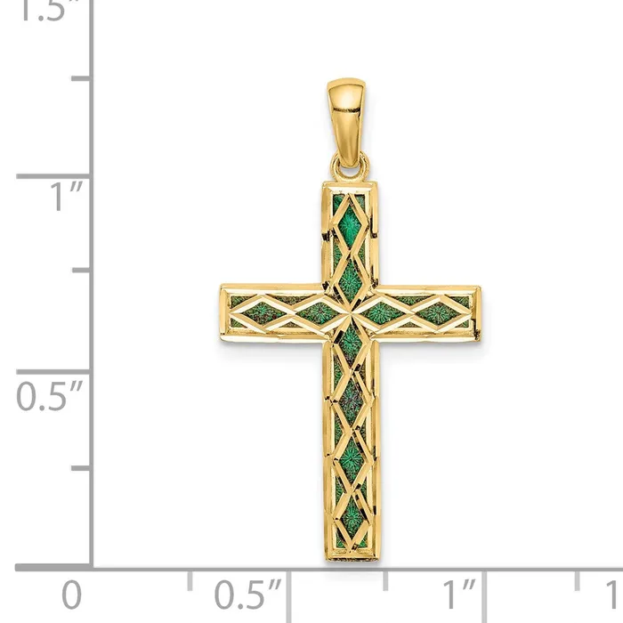 Goldia Necklaces 14k Yellow Gold Green Enamel Reversible Cross Pendant