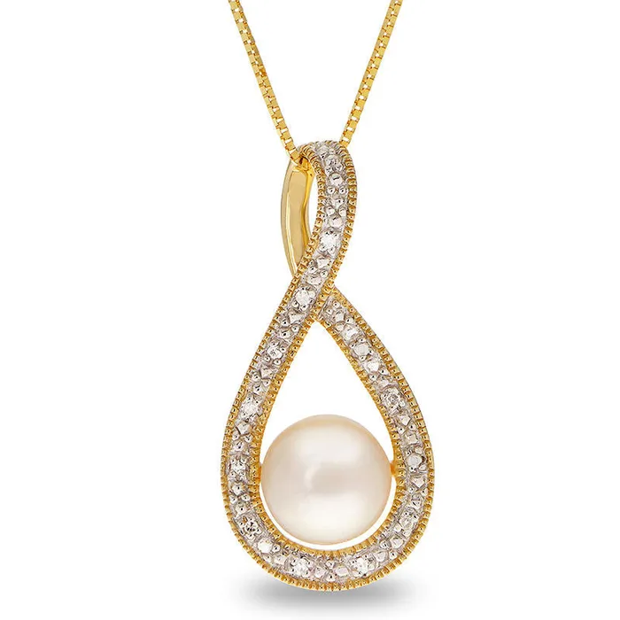 Goldia Necklaces 70 75mm Button Cultured Freshwater Pearl and Natural Diamond Accent Twist Antique VintageStyle Pendant in 14K Gold Goldia Necklaces 70 75mm Button Cultured Freshwater Pearl and Natural Diamond Accent Twist Antique VintageStyle Pendant in 14K Gold