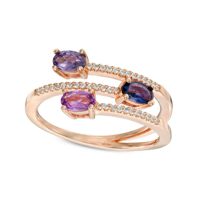 Goldia Oval Purple Sapphire and 010 CT TW Natural Diamond Three Stone Split Shank Ring in Solid 10K Rose Gold Rings Goldia Oval Purple Sapphire and 010 CT TW Natural Diamond Three Stone Split Shank Ring in Solid 10K Rose Gold Rings