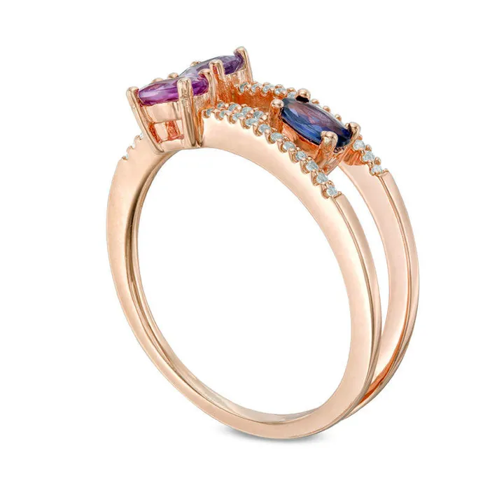 Goldia Oval Purple Sapphire and 010 CT TW Natural Diamond Three Stone Split Shank Ring in Solid 10K Rose Gold Rings Goldia Oval Purple Sapphire and 010 CT TW Natural Diamond Three Stone Split Shank Ring in Solid 10K Rose Gold Rings