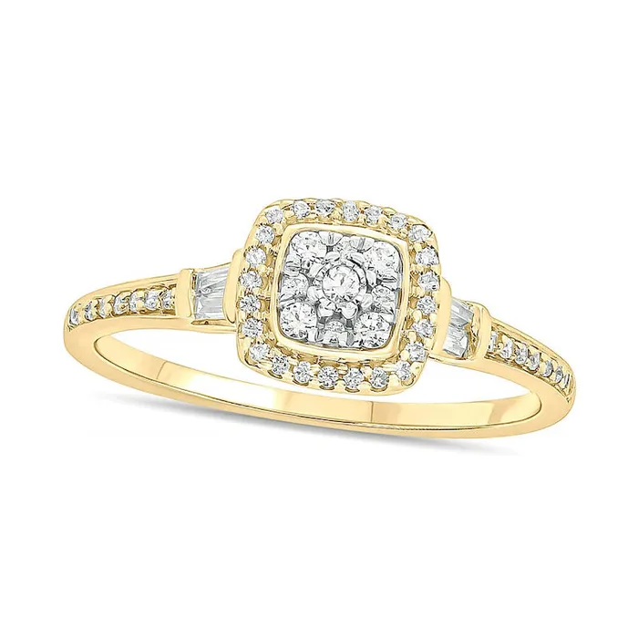 Goldia Rings 025 CT TW Composite Baguette and Round Natural Diamond CushionShape Frame Promise Ring in Solid 10K Yellow Gold Goldia Rings 025 CT TW Composite Baguette and Round Natural Diamond CushionShape Frame Promise Ring in Solid 10K Yellow Gold
