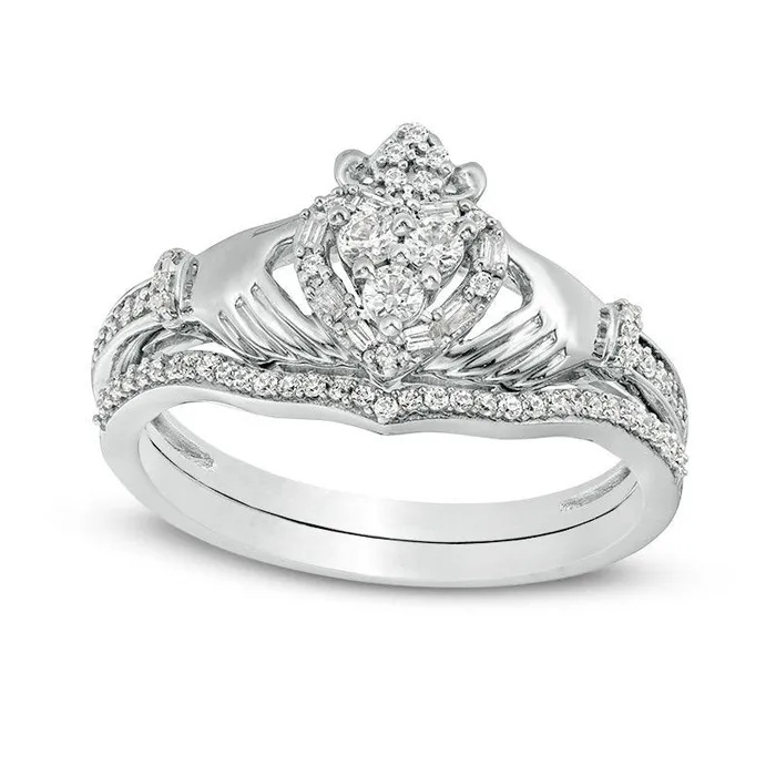 Goldia Rings 033 CT TW Natural Diamond Frame Claddagh Bridal Engagement Ring Set in Solid 10K White Gold Goldia Rings 033 CT TW Natural Diamond Frame Claddagh Bridal Engagement Ring Set in Solid 10K White Gold