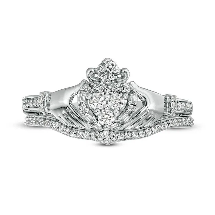 Goldia Rings 033 CT TW Natural Diamond Frame Claddagh Bridal Engagement Ring Set in Solid 10K White Gold Goldia Rings 033 CT TW Natural Diamond Frame Claddagh Bridal Engagement Ring Set in Solid 10K White Gold