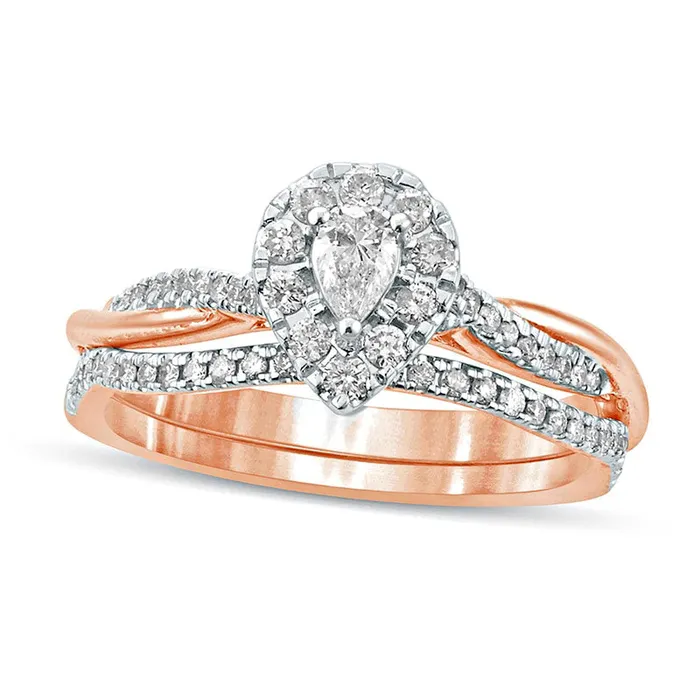 Goldia Rings 050 CT TW PearShaped Natural Diamond Frame Twist Shank Bridal Engagement Ring Set in Solid 10K Rose Gold Goldia Rings 050 CT TW PearShaped Natural Diamond Frame Twist Shank Bridal Engagement Ring Set in Solid 10K Rose Gold