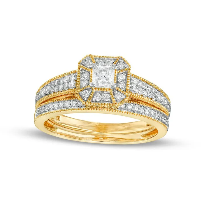 Goldia Rings 050 CT TW PrincessCut Natural Diamond Frame Three Piece Bridal Engagement Ring Set in Solid 10K Yellow Gold JI3 Goldia Rings 050 CT TW PrincessCut Natural Diamond Frame Three Piece Bridal Engagement Ring Set in Solid 10K Yellow Gold JI3