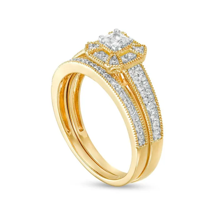 Goldia Rings 050 CT TW PrincessCut Natural Diamond Frame Three Piece Bridal Engagement Ring Set in Solid 10K Yellow Gold JI3 Goldia Rings 050 CT TW PrincessCut Natural Diamond Frame Three Piece Bridal Engagement Ring Set in Solid 10K Yellow Gold JI3