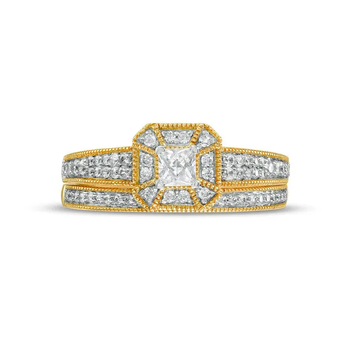 Goldia Rings 050 CT TW PrincessCut Natural Diamond Frame Three Piece Bridal Engagement Ring Set in Solid 10K Yellow Gold JI3 Goldia Rings 050 CT TW PrincessCut Natural Diamond Frame Three Piece Bridal Engagement Ring Set in Solid 10K Yellow Gold JI3