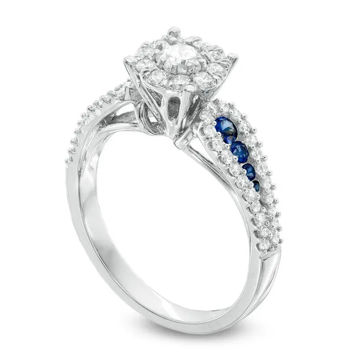 Goldia Rings 088 CT TW Natural Diamond and Blue Sapphire Frame Engagement Ring in Solid 14K White Gold Goldia Rings 088 CT TW Natural Diamond and Blue Sapphire Frame Engagement Ring in Solid 14K White Gold