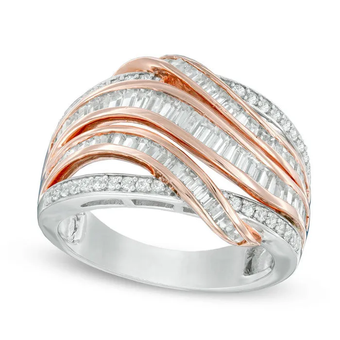 Goldia Rings 10 CT TW Baguette and Round Natural Diamond Crossover MultiRow Ring in Solid 14K Rose Gold Goldia Rings 10 CT TW Baguette and Round Natural Diamond Crossover MultiRow Ring in Solid 14K Rose Gold