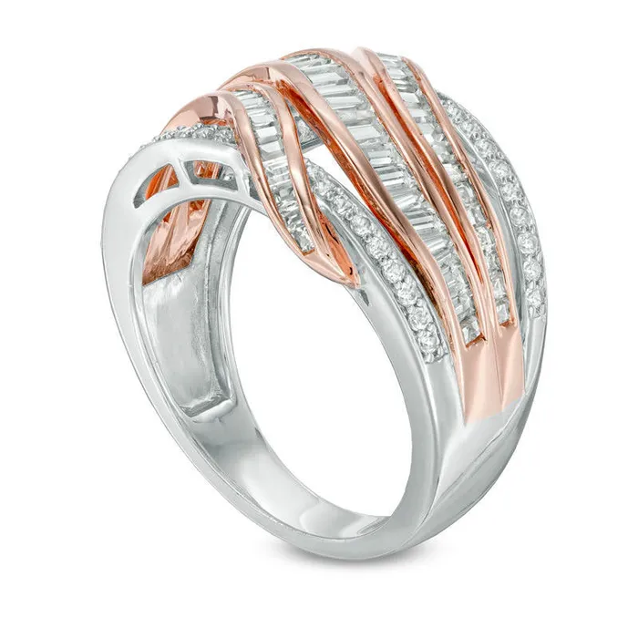 Goldia Rings 10 CT TW Baguette and Round Natural Diamond Crossover MultiRow Ring in Solid 14K Rose Gold Goldia Rings 10 CT TW Baguette and Round Natural Diamond Crossover MultiRow Ring in Solid 14K Rose Gold