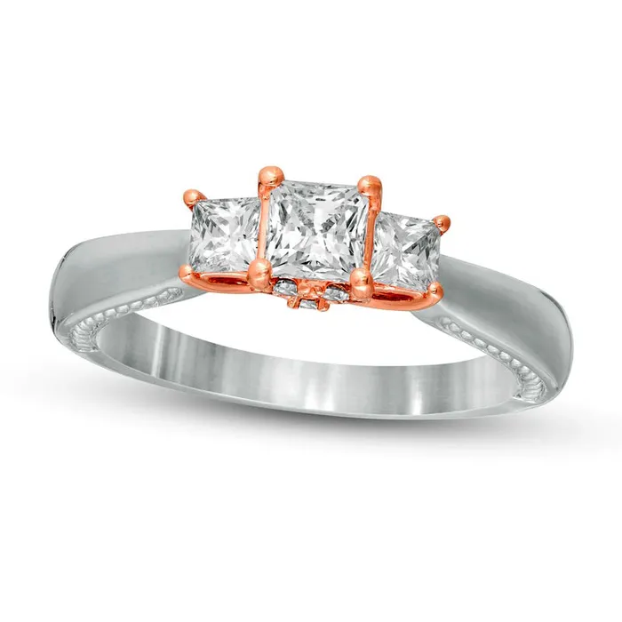 Goldia Rings 10 CT TW PrincessCut Natural Diamond Three Stone Engagement Ring in Solid 14K TwoTone Gold