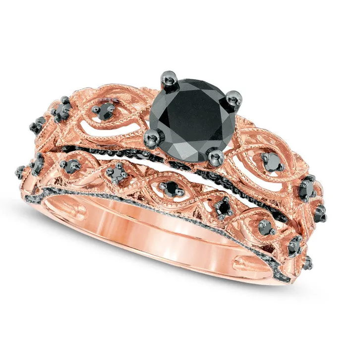 Goldia Rings 138 CT TW Enhanced Black Natural Diamond Antique VintageStyle Bridal Engagement Ring Set in Solid 10K Rose Gold Goldia Rings 138 CT TW Enhanced Black Natural Diamond Antique VintageStyle Bridal Engagement Ring Set in Solid 10K Rose Gold