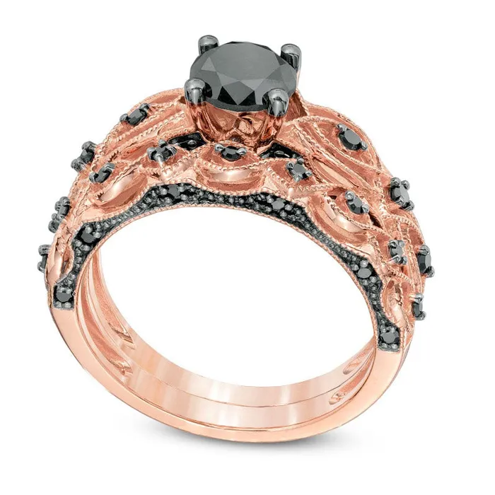 Goldia Rings 138 CT TW Enhanced Black Natural Diamond Antique VintageStyle Bridal Engagement Ring Set in Solid 10K Rose Gold Goldia Rings 138 CT TW Enhanced Black Natural Diamond Antique VintageStyle Bridal Engagement Ring Set in Solid 10K Rose Gold
