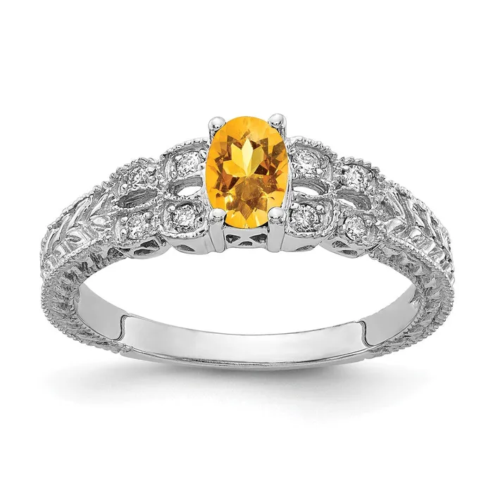 Goldia Rings 14k White Gold 6x4mm Oval Citrine Checker VS Diamond ring