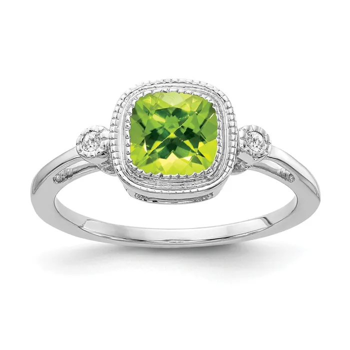Goldia Rings 14k White Gold Cushion Peridot and Real Diamond Ring