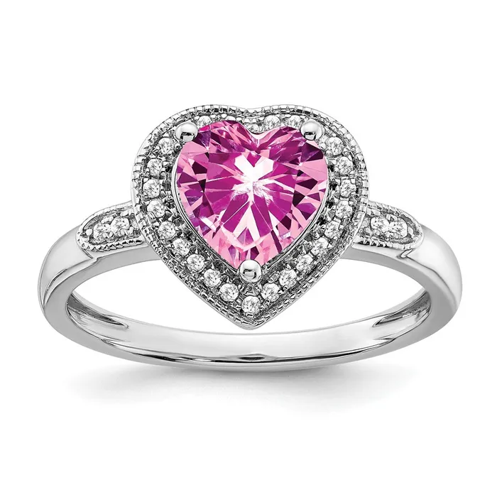 Goldia Rings 14k White Gold Heart Created Pink Sapphire and Real Diamond Halo Ring Goldia Rings 14k White Gold Heart Created Pink Sapphire and Real Diamond Halo Ring
