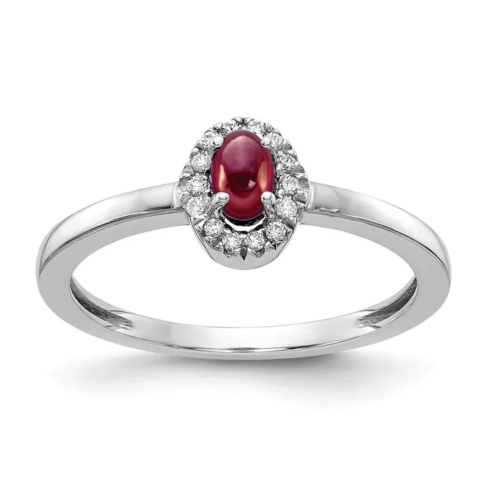 Goldia Rings 14k White Gold Real Diamond and Oval Cabochon Garnet Ring