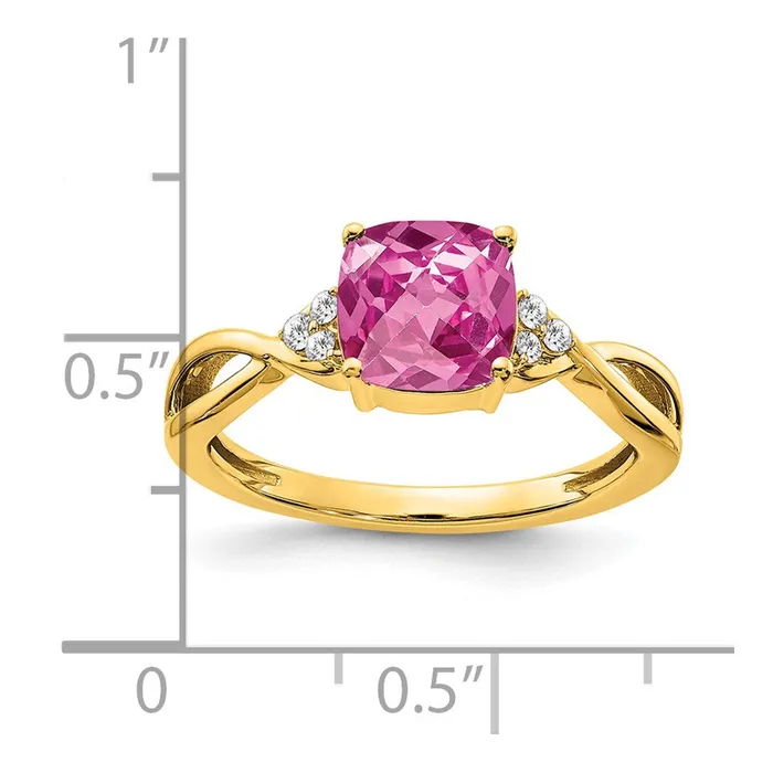 Goldia Rings 14K Yellow Gold Checkerboard Created Pink Sapphire and Real Diamond Ring
