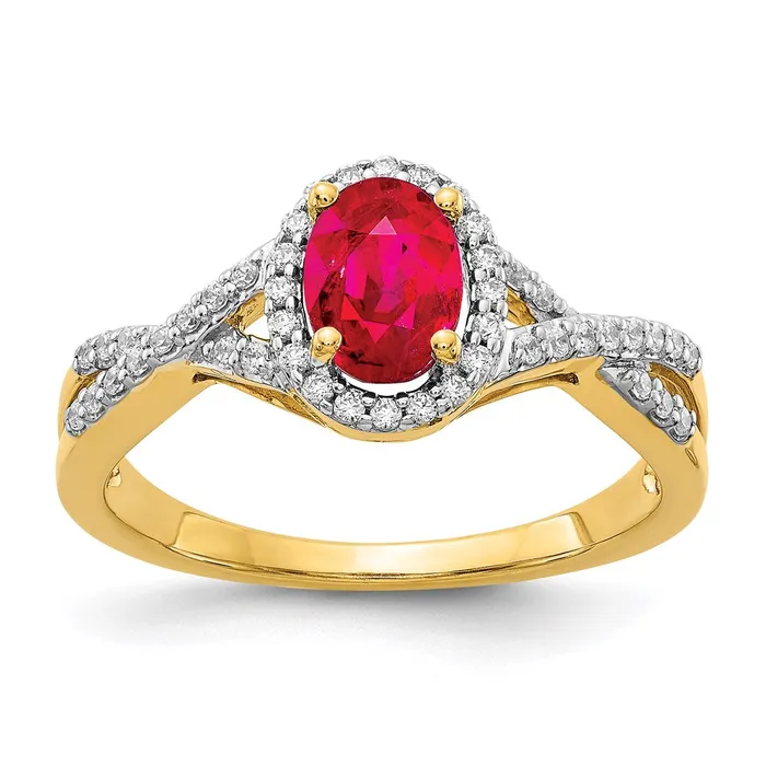 Goldia Rings 14K Yellow Gold Real Diamond and Ruby Oval Halo Ring