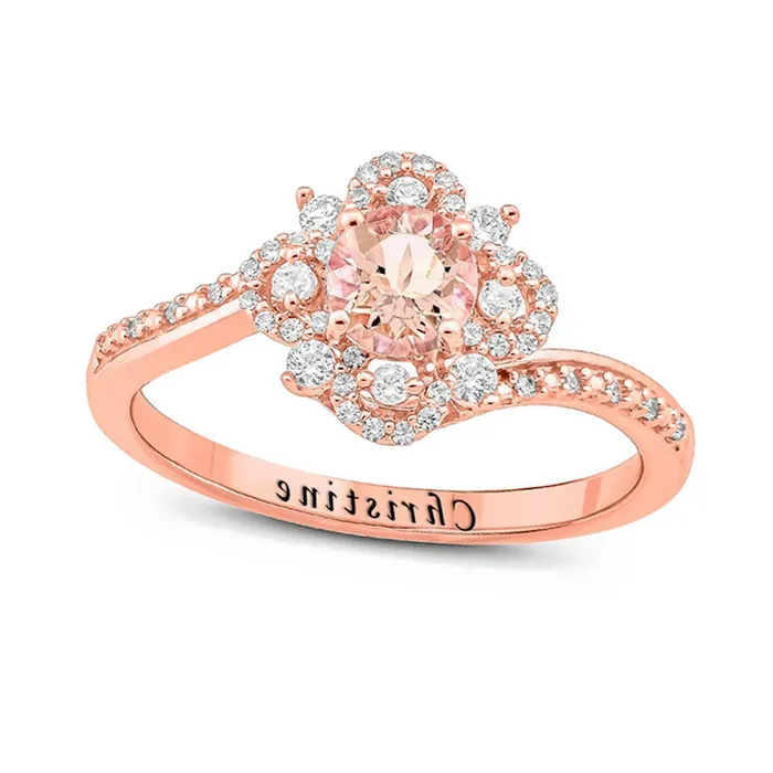 Goldia Rings 50mm Morganite and 025 CT TW Natural Diamond Engravable Flower Bypass Antique VintageStyle Promise Ring in Solid 10K Rose Gold 1 Line Goldia Rings 50mm Morganite and 025 CT TW Natural Diamond Engravable Flower Bypass Antique VintageStyle Promise Ring in Solid 10K Rose Gold 1 Line