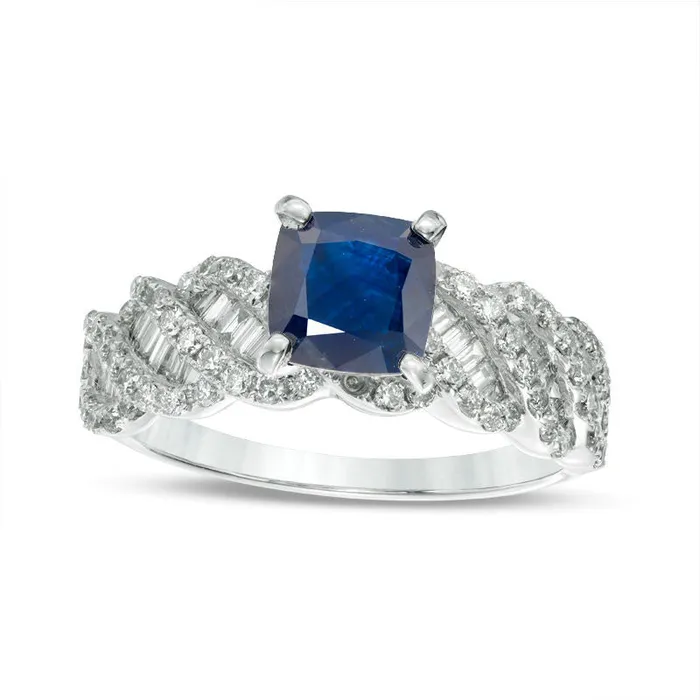 Goldia Rings 60mm CushionCut Blue Sapphire and 088 CT TW Natural Diamond Cascading Shank Ring in Solid 18K White Gold Goldia Rings 60mm CushionCut Blue Sapphire and 088 CT TW Natural Diamond Cascading Shank Ring in Solid 18K White Gold
