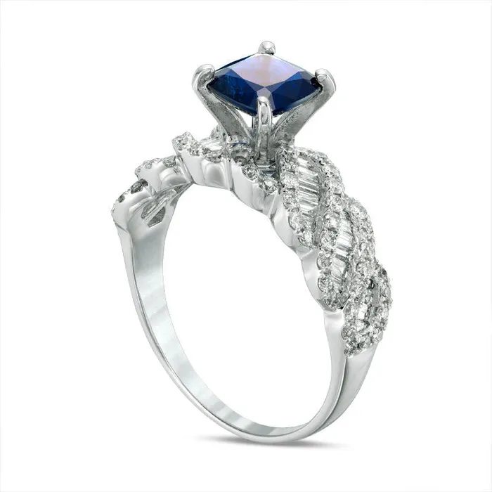 Goldia Rings 60mm CushionCut Blue Sapphire and 088 CT TW Natural Diamond Cascading Shank Ring in Solid 18K White Gold Goldia Rings 60mm CushionCut Blue Sapphire and 088 CT TW Natural Diamond Cascading Shank Ring in Solid 18K White Gold