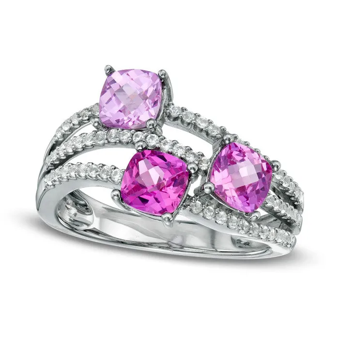 Goldia Rings CushionCut LabCreated Pink and White Sapphire Three Stone Wave Ring in Sterling Silver Goldia Rings CushionCut LabCreated Pink and White Sapphire Three Stone Wave Ring in Sterling Silver