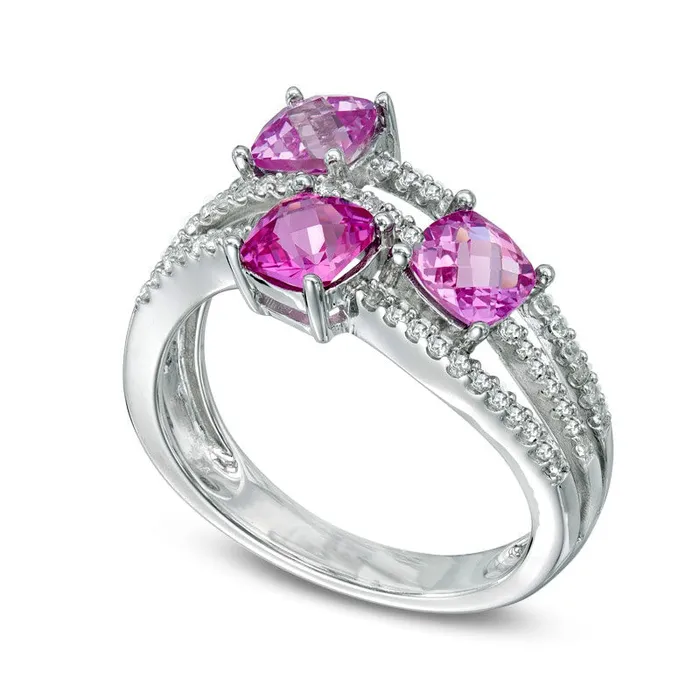 Goldia Rings CushionCut LabCreated Pink and White Sapphire Three Stone Wave Ring in Sterling Silver Goldia Rings CushionCut LabCreated Pink and White Sapphire Three Stone Wave Ring in Sterling Silver