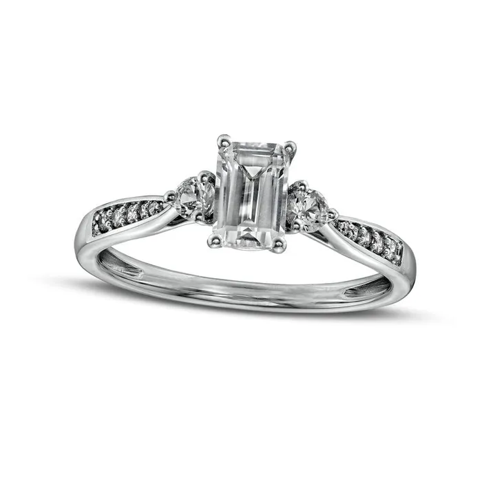 Goldia Rings EmeraldCut White LabCreated Sapphire and 005 CT TW Diamond Three Stone Promise Ring in Sterling Silver Goldia Rings EmeraldCut White LabCreated Sapphire and 005 CT TW Diamond Three Stone Promise Ring in Sterling Silver