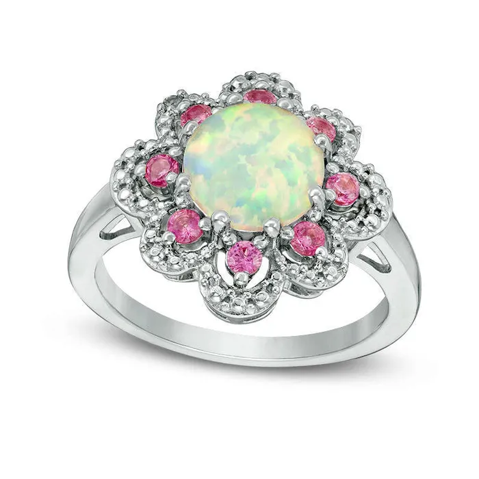 Goldia Rings LabCreated Opal and Pink and White Sapphire Flower Frame Ring in Sterling Silver Goldia Rings LabCreated Opal and Pink and White Sapphire Flower Frame Ring in Sterling Silver