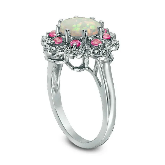 Goldia Rings LabCreated Opal and Pink and White Sapphire Flower Frame Ring in Sterling Silver Goldia Rings LabCreated Opal and Pink and White Sapphire Flower Frame Ring in Sterling Silver
