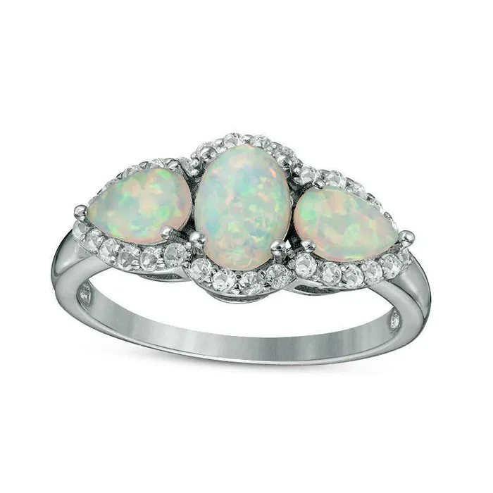 Goldia Rings Oval and PearShaped LabCreated Opal with White Topaz Frame Three Stone Ring in Sterling Silver Goldia Rings Oval and PearShaped LabCreated Opal with White Topaz Frame Three Stone Ring in Sterling Silver