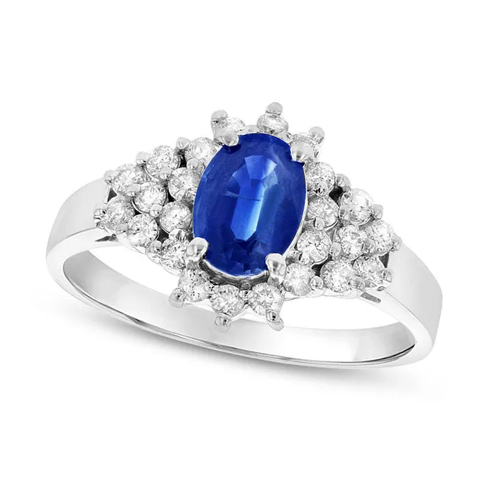 Goldia Rings Oval Blue Sapphire and 033 CT TW Natural Diamond Starburst Cluster Frame Ring in Solid 14K White Gold Goldia Rings Oval Blue Sapphire and 033 CT TW Natural Diamond Starburst Cluster Frame Ring in Solid 14K White Gold