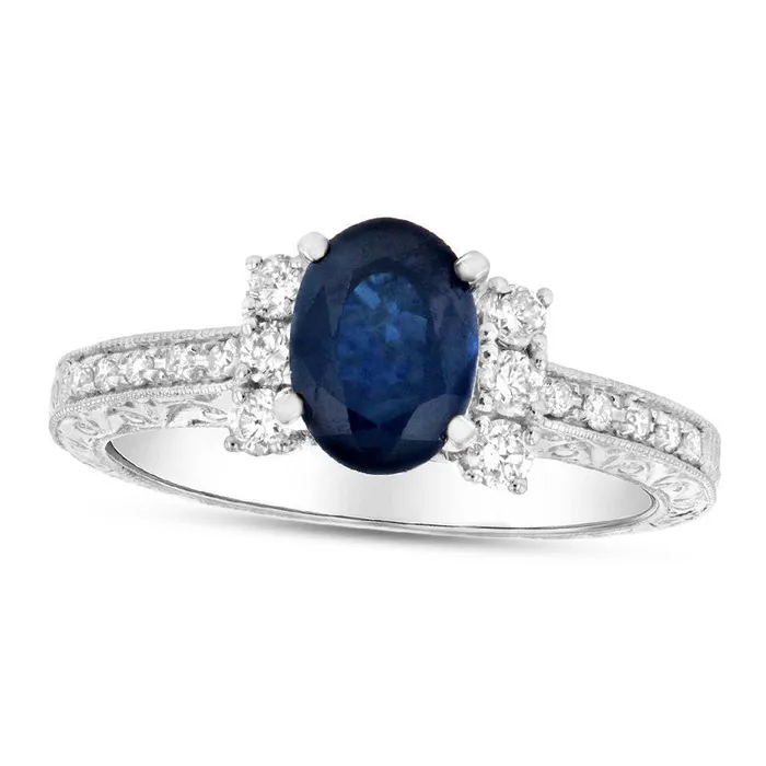 Goldia Rings Oval Blue Sapphire and 033 CT TW Natural Diamond Trio Collar Antique VintageStyle Engagement Ring in Solid 14K White Gold Goldia Rings Oval Blue Sapphire and 033 CT TW Natural Diamond Trio Collar Antique VintageStyle Engagement Ring in Solid 14K White Gold