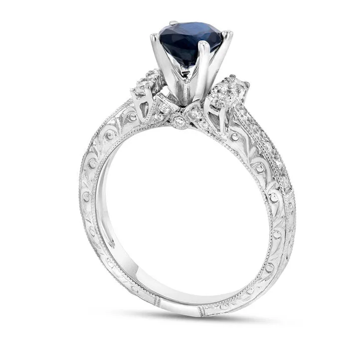 Goldia Rings Oval Blue Sapphire and 033 CT TW Natural Diamond Trio Collar Antique VintageStyle Engagement Ring in Solid 14K White Gold Goldia Rings Oval Blue Sapphire and 033 CT TW Natural Diamond Trio Collar Antique VintageStyle Engagement Ring in Solid 14K White Gold