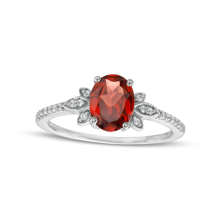 Goldia Rings Oval Garnet and 010 CT TW Natural Diamond LeafSides Floral Ring in Solid 10K White Gold Goldia Rings Oval Garnet and 010 CT TW Natural Diamond LeafSides Floral Ring in Solid 10K White Gold