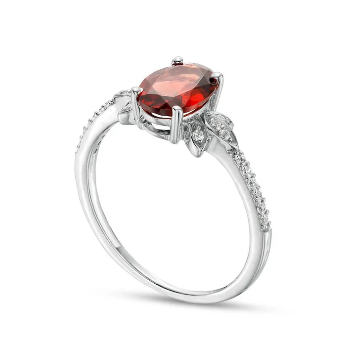 Goldia Rings Oval Garnet and 010 CT TW Natural Diamond LeafSides Floral Ring in Solid 10K White Gold Goldia Rings Oval Garnet and 010 CT TW Natural Diamond LeafSides Floral Ring in Solid 10K White Gold