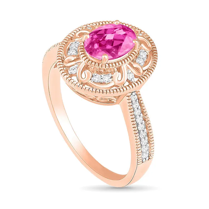 Goldia Rings Oval LabCreated Pink Sapphire and 013 CT TW Diamond Scroll Frame Tapered Shank Antique VintageStyle Ring in Solid 10K Rose Gold Goldia Rings Oval LabCreated Pink Sapphire and 013 CT TW Diamond Scroll Frame Tapered Shank Antique VintageStyle Ring in Solid 10K Rose Gold