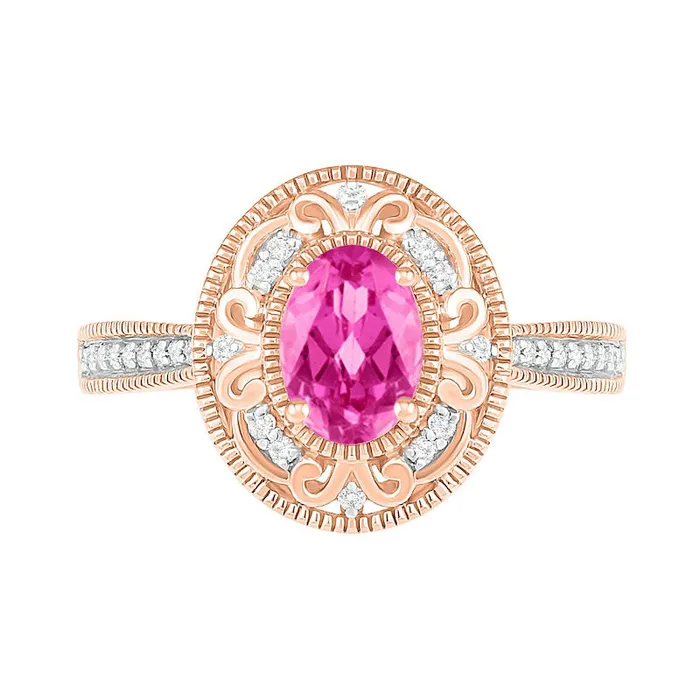 Goldia Rings Oval LabCreated Pink Sapphire and 013 CT TW Diamond Scroll Frame Tapered Shank Antique VintageStyle Ring in Solid 10K Rose Gold Goldia Rings Oval LabCreated Pink Sapphire and 013 CT TW Diamond Scroll Frame Tapered Shank Antique VintageStyle Ring in Solid 10K Rose Gold