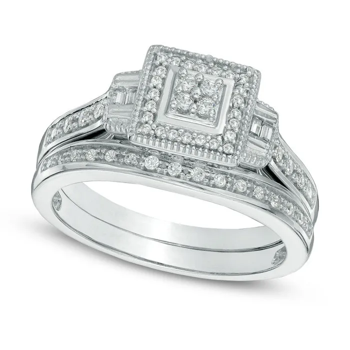 Goldia Rings Previously Owned 025 CT TW Quad Natural Diamond Square Frame Bridal Engagement Ring Set in Sterling Silver Goldia Rings Previously Owned 025 CT TW Quad Natural Diamond Square Frame Bridal Engagement Ring Set in Sterling Silver