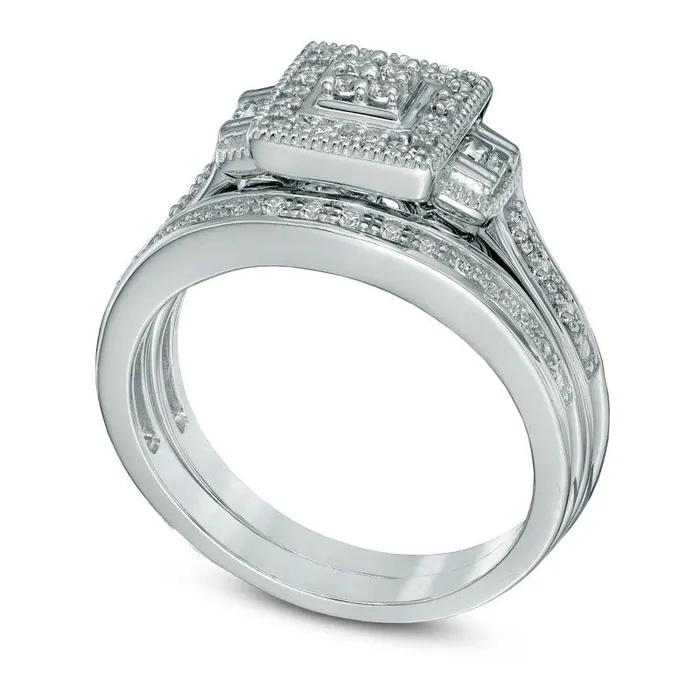 Goldia Rings Previously Owned 025 CT TW Quad Natural Diamond Square Frame Bridal Engagement Ring Set in Sterling Silver Goldia Rings Previously Owned 025 CT TW Quad Natural Diamond Square Frame Bridal Engagement Ring Set in Sterling Silver