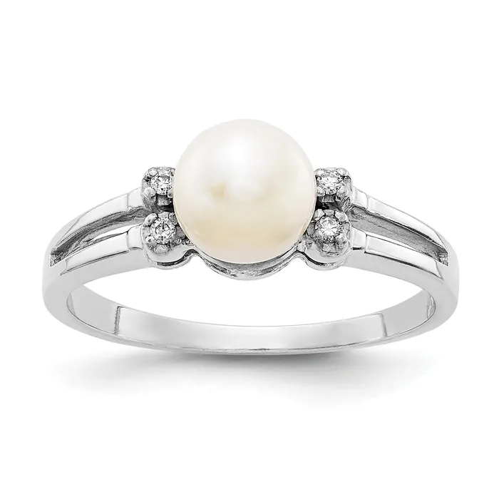 Goldia Rings Solid 14k White Gold 6mm FW Cultured Pearl AA Simulated CZ Ring Goldia Rings Solid 14k White Gold 6mm FW Cultured Pearl AA Simulated CZ Ring
