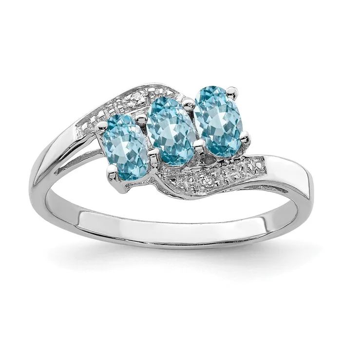 Goldia Rings Sterling Silver Rhodium 3 Stone Light Swiss Blue Topaz u0026 Diamond Ring