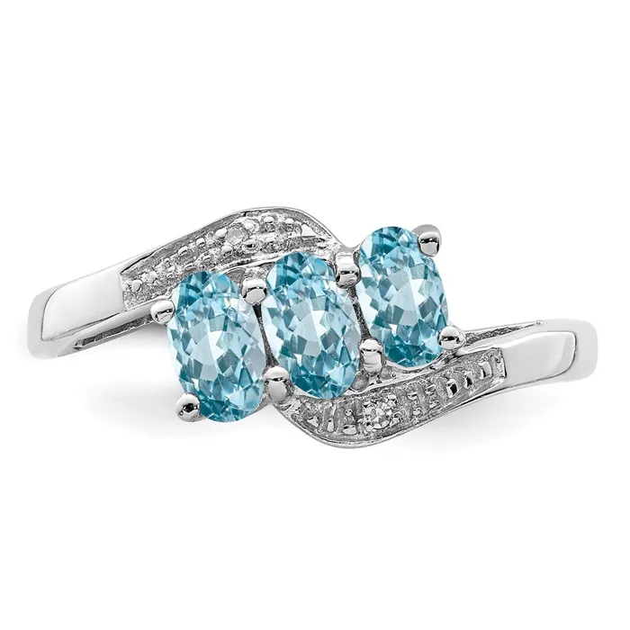 Goldia Rings Sterling Silver Rhodium 3 Stone Light Swiss Blue Topaz u0026 Diamond Ring
