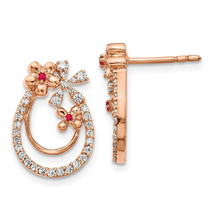 Goldia Solid 14k Rose Gold Simulated CZ Ruby Flower Earrings Earrings