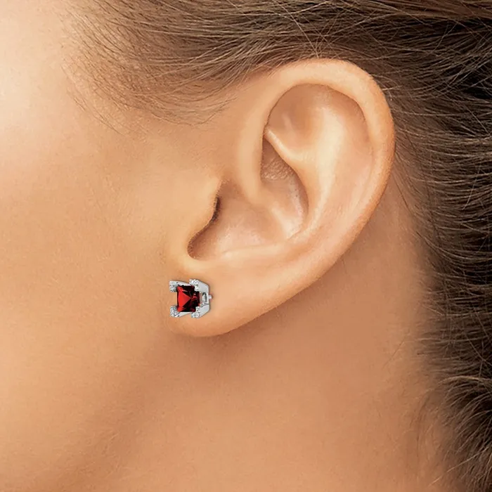 Goldia Solid 14k White Gold Square Simulated Garnet and CZ Earrings Earrings