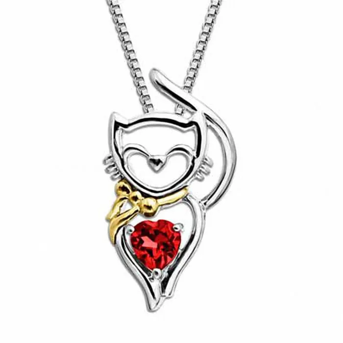 HeartShaped LabCreated Ruby Cat Pendant in Sterling Silver and 14K Gold Goldia Necklaces HeartShaped LabCreated Ruby Cat Pendant in Sterling Silver and 14K Gold Goldia Necklaces